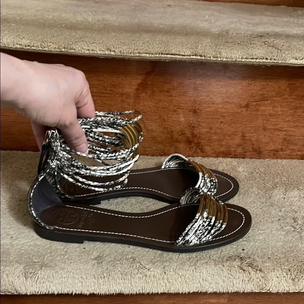 Tory Burch Beige Black Python Embossed Leather Mignon Braided Flat 8.5